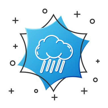 Beyaz çizgi bulutu ve beyaz arka planda izole edilmiş yağmur ikonu. Yağmur damlaları ile yağmur bulutu yağışı. Mavi altıgen düğmesi. Vektör İllüstrasyonu