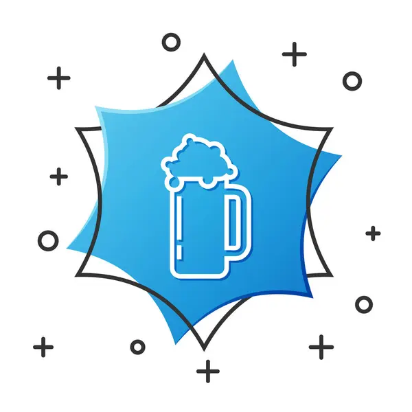 Vit linje Glas av öl ikon isolerad på vit bakgrund. Blå hexagonknapp. Vektor Illustration — Stock vektor