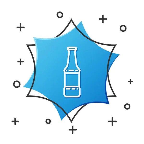 White line Beer bottle icon isolated on white background. Blue hexagon button. Vector Illustration — Stok Vektör