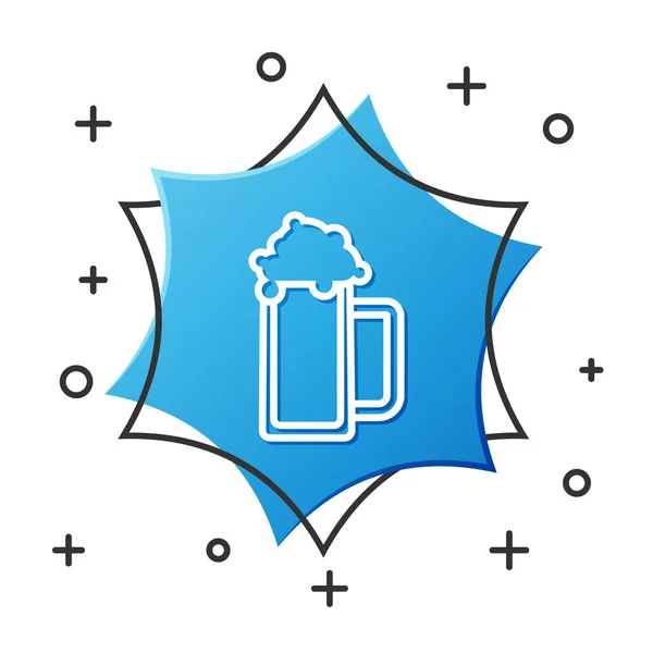 Ligne blanche Verre d'icône de bière isolé sur fond blanc. Bouton hexagonal bleu. Illustration vectorielle — Image vectorielle