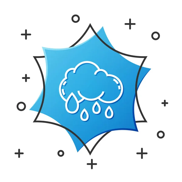 Ligne blanche Nuage avec icône de pluie isolée sur fond blanc. Précipitation de nuages de pluie avec gouttes de pluie. Bouton hexagonal bleu. Illustration vectorielle — Image vectorielle