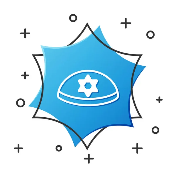 Белая линия еврейской кипы со звездой иконы Дэвида изолированы на белом фоне. Еврейская ермолка. Синяя шестиугольная кнопка. Векторная миграция — стоковый вектор