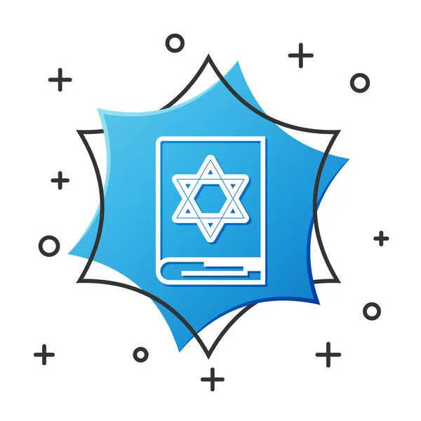 Икона еврейской Торы белой линии выделена на белом фоне. Пятикнижие Моисея. На обложке Библии изображена Звезда Давида. Синяя шестиугольная кнопка. Векторная миграция — стоковый вектор