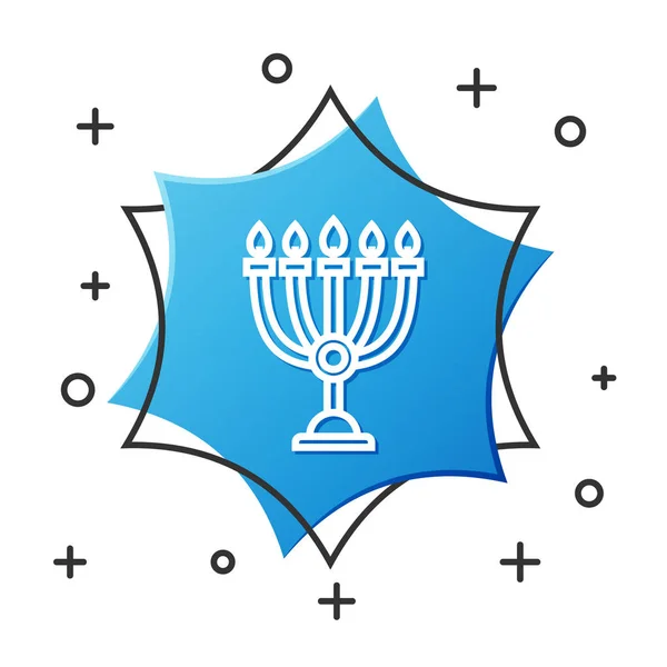 白线Hanukkah menorah图标孤立在白色背景。 光明节的传统象征。 节日宗教，犹太灯节。 蓝色六边形按钮。 病媒图解 — 图库矢量图片