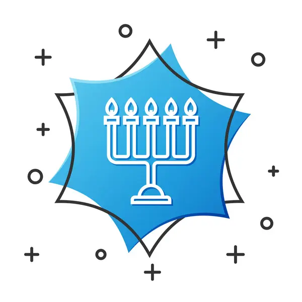 Linha branca Hanukkah ícone menorah isolado no fundo branco. Símbolo tradicional Hanukkah. Religião de férias, festival judaico de Luzes. Botão hexágono azul. Ilustração vetorial —  Vetores de Stock