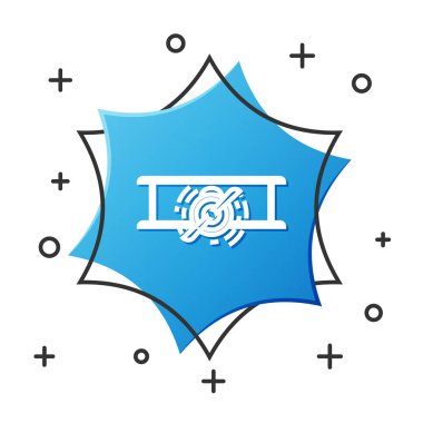 Beyaz çizgi Eski antika uçak simgesi beyaz arkaplanda izole edildi. Uçan uçak ikonu. Uçak tabelası. Mavi altıgen düğmesi. Vektör İllüstrasyonu