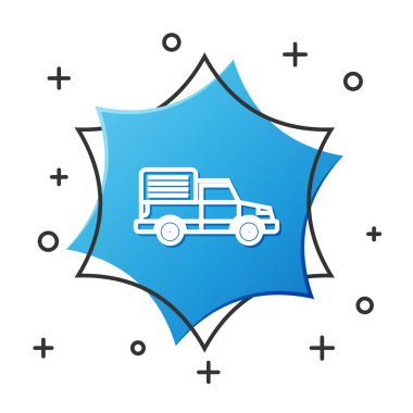 Beyaz çizgi kargo kamyonu ikonu beyaz arka planda izole edildi. Mavi altıgen düğmesi. Vektör İllüstrasyonu