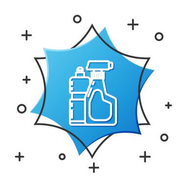 White line Plastic bottles for liquid laundry detergent, bleach, dishwashing liquid or another cleaning agent icon isolated on white background. Blue hexagon button. Vector Illustration