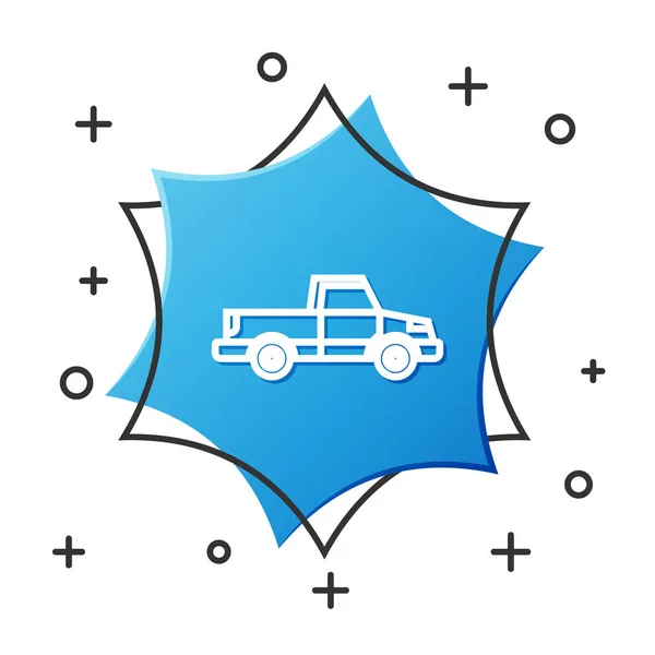 White line Pickup truck icon isolated on white background. Blue hexagon button. Vector Illustration — Stock vektor