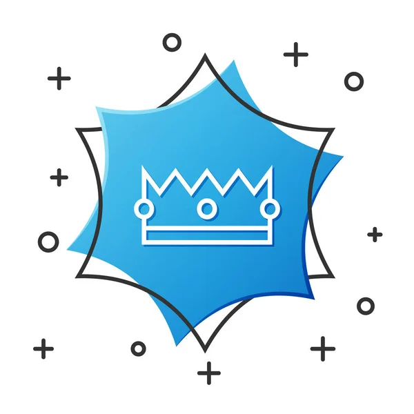 Línea blanca Icono de corona aislado sobre fondo blanco. Botón hexágono azul. Ilustración vectorial — Vector de stock