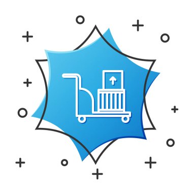 Beyaz çizgi elektrikli el arabası ve beyaz arka planda izole edilmiş kutu simgesi. Dolly sembolü. Mavi altıgen düğmesi. Vektör İllüstrasyonu