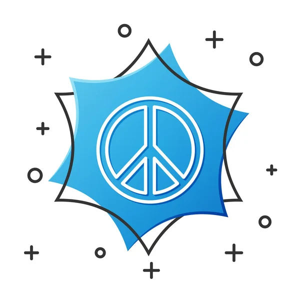 흰 선 평화의 아이콘은 흰 배경에서 분리되었습니다. 히피의 평화의 상징. 블루 헥사곤 버튼. 벡터 일러스트 — 스톡 벡터