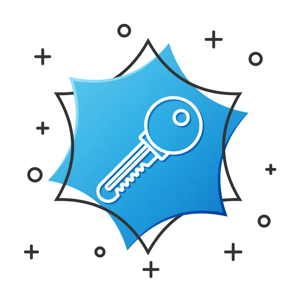 Weiße Linie Schlüsselsymbol isoliert auf weißem Hintergrund. blauer Sechskant-Knopf. Vektorillustration — Stockvektor
