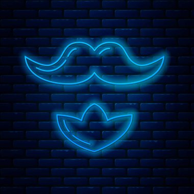 Parlak neon çizgili bıyık ve sakal simgesi tuğla duvar arkasında izole edilmiş. Berber dükkanı sembolü. Yüz kılı stili. Vektör İllüstrasyonu