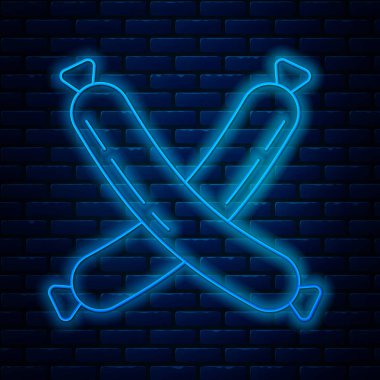 Parlayan neon çizgisi. Tuğla duvarda izole edilmiş sosis simgesi. Izgara sosis ve aroma işareti. Vektör İllüstrasyonu