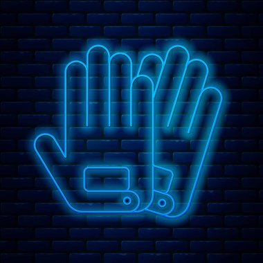 Parlayan neon hattı eldiven simgesi tuğla duvar arkasında izole edildi. Olağanüstü bir spor. Spor malzemeleri. Vektör İllüstrasyonu