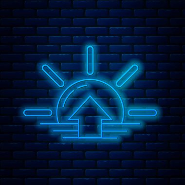 Parlayan neon hattı gündoğumu simgesi tuğla duvar arkasında izole edildi. Vektör İllüstrasyonu