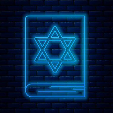 Parlayan neon hattı Yahudi torah kitap ikonu tuğla duvar arka planında izole edilmiş. Musa 'nın Pentateuch' u. İncil 'in kapağında Davut Yıldızı' nın resmi var. Vektör İllüstrasyonu