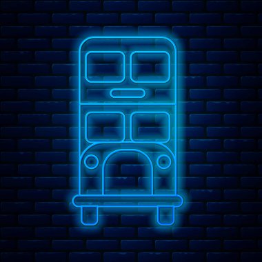 Parlayan neon hattı çift katlı otobüs simgesi tuğla duvar arka planında izole edildi. Londra klasik yolcu otobüsü. Toplu taşıma sembolü. Vektör İllüstrasyonu