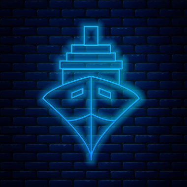 Parlayan neon hattı kargo gemisi simgesi tuğla duvar arkasında izole edildi. Vektör İllüstrasyonu