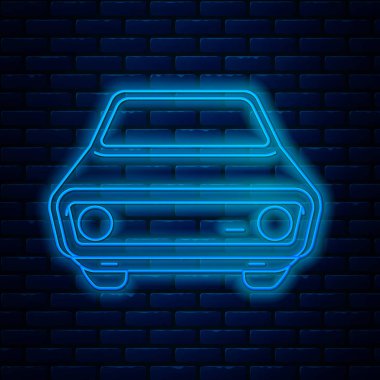 Parlak neon çizgili araba ikonu tuğla duvar arkasında izole edilmiş. Ön manzara. Vektör İllüstrasyonu