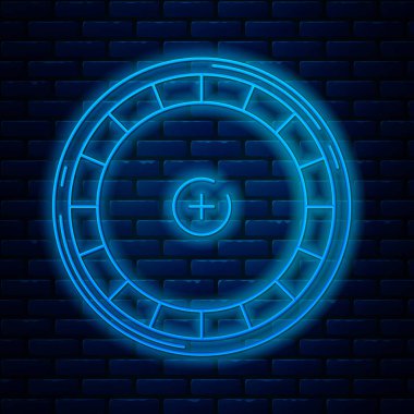 Parlayan neon hattı Casino rulet ruleti simgesi tuğla duvar arkasında izole edilmiş. Vektör İllüstrasyonu