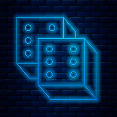 Parlayan neon çizgisi oyun zar simgesi tuğla duvar arka planında izole edildi. Kumarhane kumarı. Vektör İllüstrasyonu