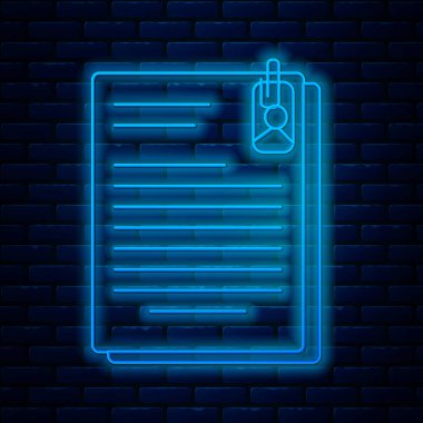 Parlayan neon hattı dosya ve ataç simgesi tuğla duvar zemininde izole edildi. Kontrol listesi simgesi. İş konsepti. Vektör İllüstrasyonu
