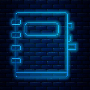 Parlayan neon hattı Not Defteri simgesi tuğla duvar arka planında izole edildi. Spiral not defteri simgesi. Okul defteri. Yazı tahtası. Okul günlüğü. Vektör İllüstrasyonu