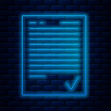 Parlak neon çizgisi sınav kağıdında tuğla duvar arkasında işaret simgesi izole edilmiş. Sınav kağıdı, sınav ya da araştırma konsepti. Sınav ya da sınav. Vektör İllüstrasyonu