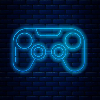 Parlayan neon hattı Gamepad simgesi tuğla duvar arka planında izole edildi. Oyun kontrolörü. Vektör İllüstrasyonu
