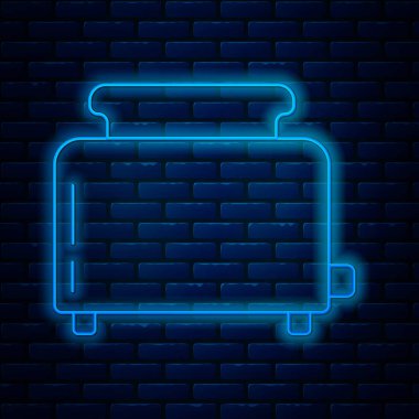 Duvarda izole edilmiş tost simgesi olan parlak neon hattı tost makinesi. Vektör İllüstrasyonu