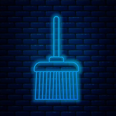 Parlayan neon hattı süpürge sapı simgesi tuğla duvar arka planında izole edildi. Temizlik hizmeti konsepti. Vektör İllüstrasyonu