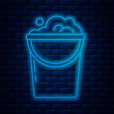 Köpük ve baloncuk ikonlu parlak neon hattı kovası tuğla duvar arka planında izole edilmiş. Temizlik hizmeti konsepti. Vektör İllüstrasyonu