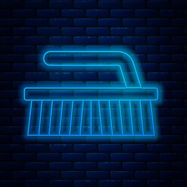 Temizlik simgesi için parlayan neon hat fırçası tuğla duvar arka planında izole edildi. Vektör İllüstrasyonu