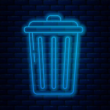 Parlayan neon hattı çöp kutusu simgesi tuğla duvar arka planında izole edildi. Çöp kutusu tabelası. Sepet simgesini geri dönüştür. Ofis çöpü ikonu. Vektör İllüstrasyonu