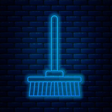 Parlayan neon hattı paspas simgesi tuğla duvar arka planında izole edildi. Temizlik hizmeti konsepti. Vektör İllüstrasyonu