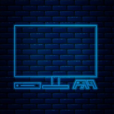 Glowing neon line Video game console icon isolated on brick wall background. Game console with joystick and lcd television. Vector Illustration
