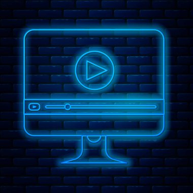 Parlayan neon hattı çevrimiçi video oynatma simgesi tuğla duvar arka planında izole edildi. Bilgisayar monitörü ve oyun işaretli film şeridi. Vektör İllüstrasyonu