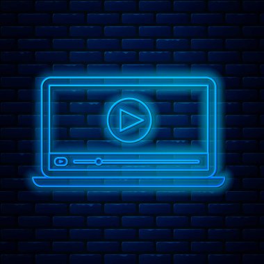 Parlayan neon hattı çevrimiçi video oynatma simgesi tuğla duvar arka planında izole edildi. Dizüstü bilgisayar ve oyun işaretli film şeridi. Vektör İllüstrasyonu