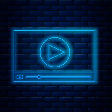 Parlayan neon hattı çevrimiçi video oynatma simgesi tuğla duvar arka planında izole edildi. Oyun işaretli film şeridi. Vektör İllüstrasyonu