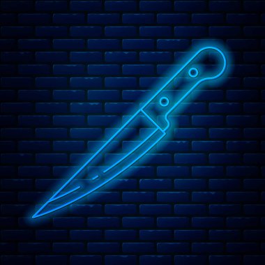 Parlayan neon çizgili bıçak simgesi tuğla duvar arkasında izole edilmiş. Çatal bıçak sembolü. Vektör İllüstrasyonu