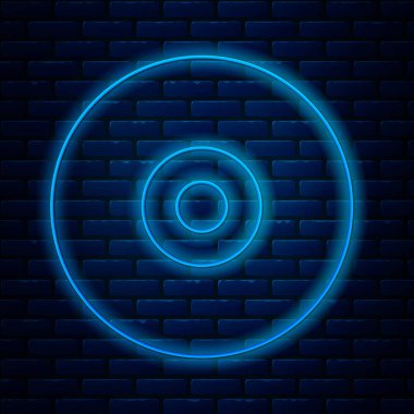 Parlayan neon hat CD veya DVD disk simgesi tuğla duvar arka planında izole edildi. Küçük disk işareti. Vektör İllüstrasyonu