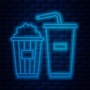 Glowing neon line Popcorn in cardboard box and paper glass with drinking straw and water icon isolated on brick wall background. Soda drink glass. Vector Illustration