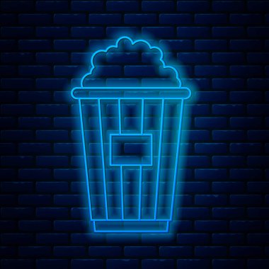 Karton kutuda parlayan neon hattı patlamış mısır tuğla duvar arkasında izole edilmiş. Patlamış mısır kutusu. Vektör İllüstrasyonu