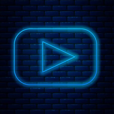 Glowing neon line Play icon isolated on brick wall background. Vector Illustration