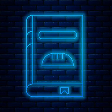 Glowing neon line Cookbook icon isolated on brick wall background. Cooking book icon. Recipe book. Fork and knife icons. Cutlery symbol. Vector Illustration