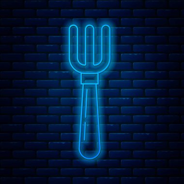 Parlayan neon hattı Fork simgesi tuğla duvar arka planında izole edildi. Çatal bıçak sembolü. Vektör İllüstrasyonu