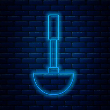 Parlayan neon hattı mutfak kepçesi simgesi tuğla duvar arka planında izole edilmiş. Mutfak aletleri. Çatal kaşık tabelası. Vektör İllüstrasyonu