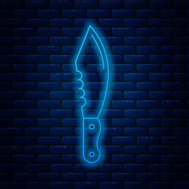 Parlayan neon hattı askeri bıçak ikonu tuğla duvar arkasında izole edilmiş. Vektör İllüstrasyonu